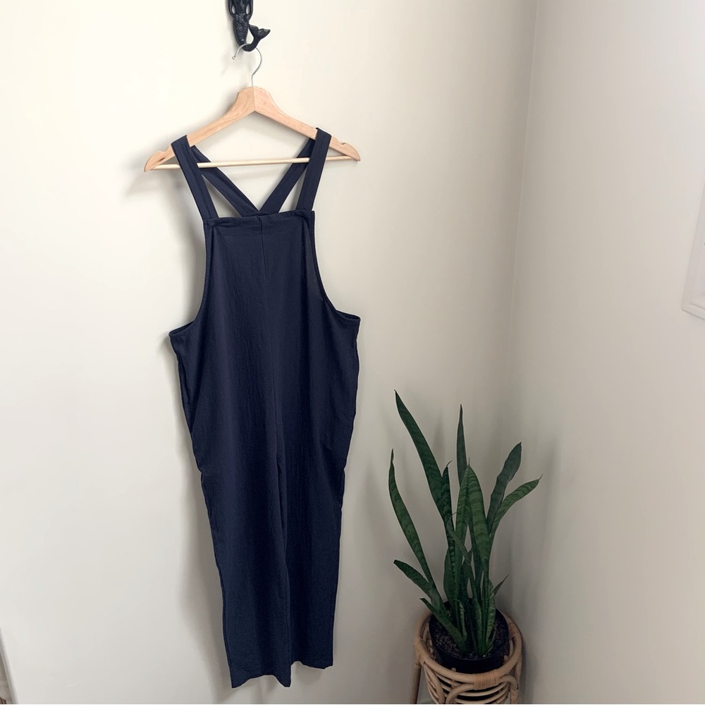 SHEIN, navy blue cotton poly blend romper with pockets in size S